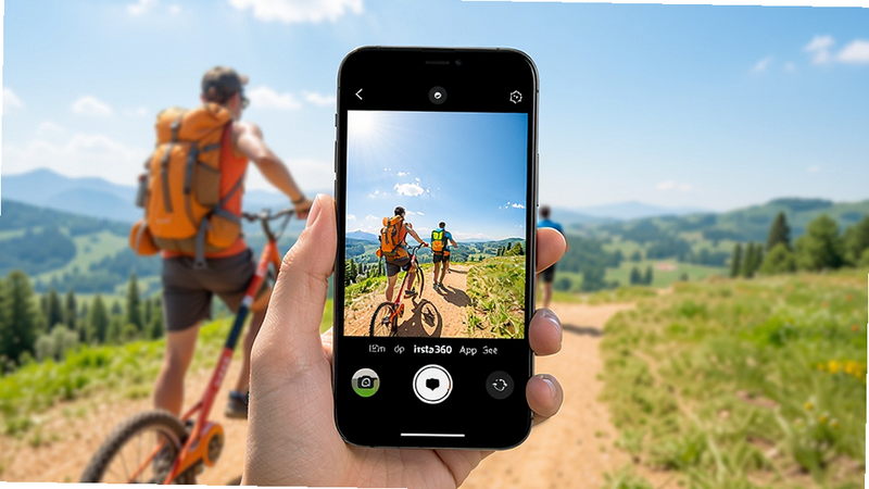 Insta360 App主界面展示，手机屏幕上显示全景相机实时预览画面，背景是户外运动场景，色彩明亮，突出软件与相机的联动关系，画面元素包括手机、相机、操作按钮，构图简洁清晰，适配Boogu模型生成。