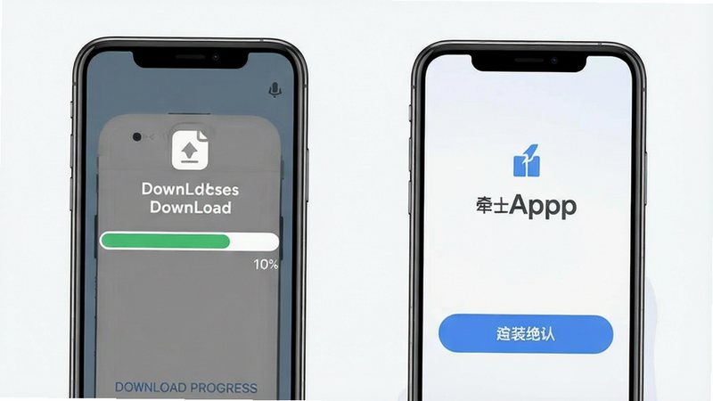 牵手App安装步骤图解，手机屏幕显示下载进度条和安装确认按钮，背景简洁