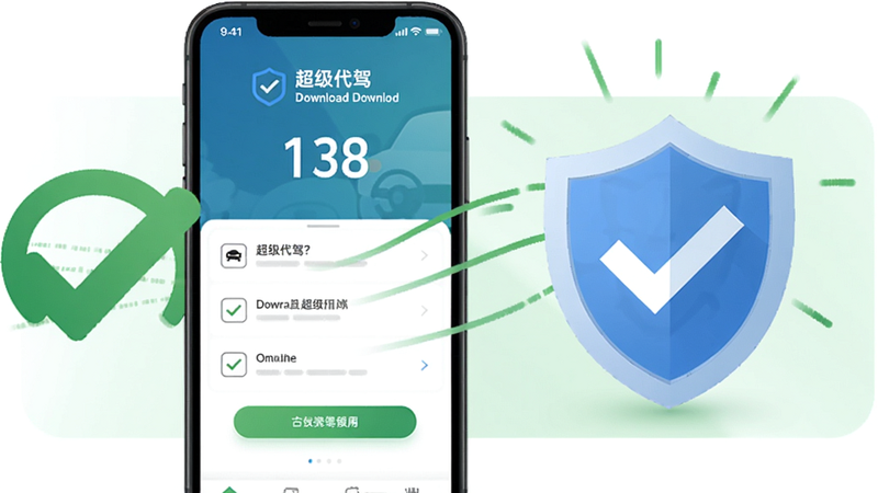 超级代驾安装步骤图解,一部手机正在下载安装超级代驾,旁边有对勾和盾牌图标,背景为绿色安全提示,清晰展示安装流程