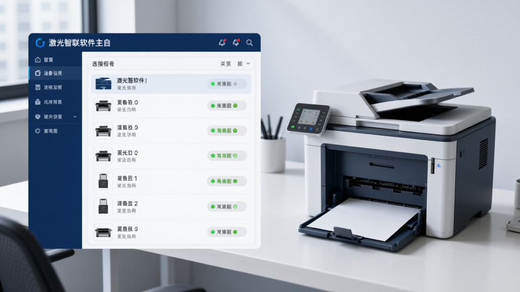 激光智联软件主界面截图,展示连接设备列表与状态指示灯,背景为简约办公桌,设备为激光打印机,画面清晰明亮,整体色调为深蓝与白色,突出科技感