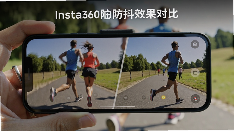 Insta360防抖功能演示，手机屏幕显示一段运动拍摄的对比画面，左边抖动模糊，右边平稳清晰，背景为户外跑步场景，强调防抖效果，提示词：Insta360防抖效果对比。