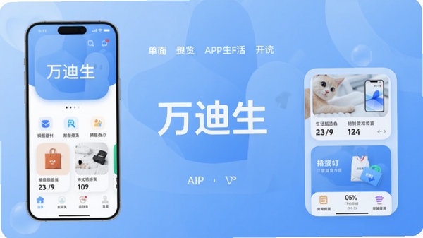 万迪生APP主界面预览图，展示简洁的功能布局与生活服务卡片，背景为柔和的渐变蓝色，中心突出应用名称，整体风格现代且友好