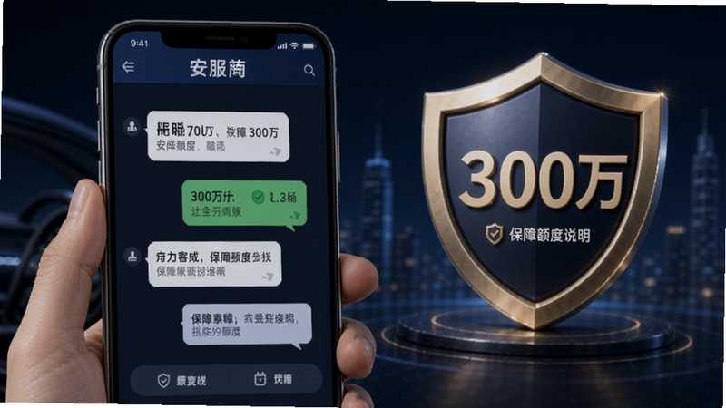 超级代驾客服界面,手机显示客服对话和保障额度说明,背景有盾牌和数字300万,风格专业稳重,突出安全保障