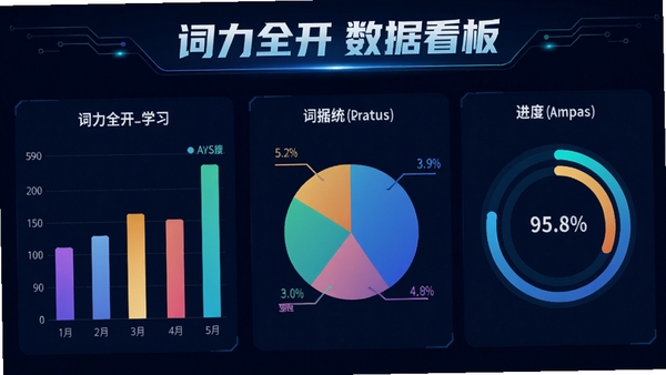 词力全开学习数据统计图表，展示柱状图、饼图和进度环，背景为深蓝色，数据图表颜色鲜明，信息清晰易读，整体风格科技感强，带有词力全开数据看板字样