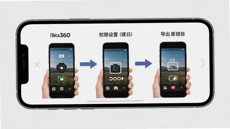 Insta360使用指南示意图，手机横屏显示操作步骤，包含配对、权限设置、导出等关键节点，箭头标注，背景为浅灰色，画面简洁易懂。