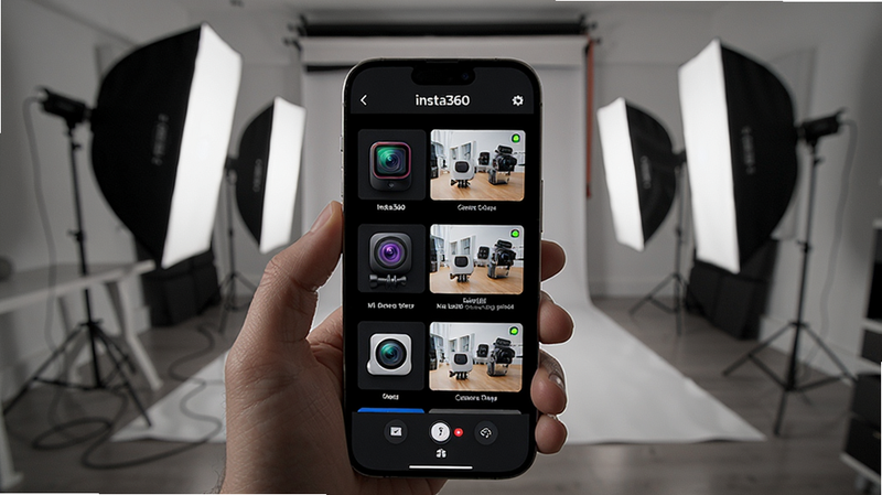 Insta360多设备连接界面，手机屏幕上列出多台相机图标，显示实时画面预览，背景为工作室环境，突出多设备协同，提示词：Insta360多相机连接控制界面。