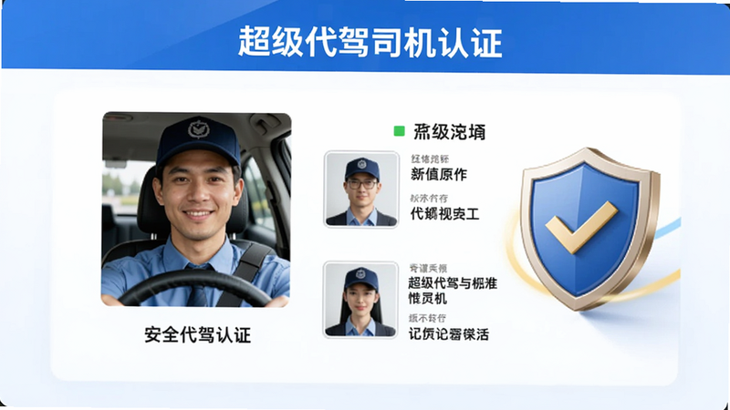 超级代驾司机认证页面,展示司机照片和证件信息,旁边有安全盾牌图标,背景是简洁的蓝色调,突出严谨和安全