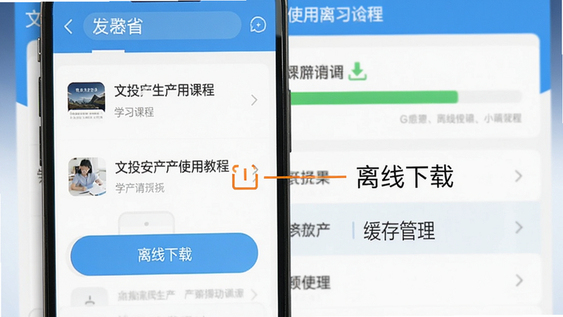 文投安全生产使用教程截图，展示手机屏幕上的课程列表和离线下载按钮，背景为学习界面，有绿色进度条，标注“离线下载”和“缓存管理”选项。