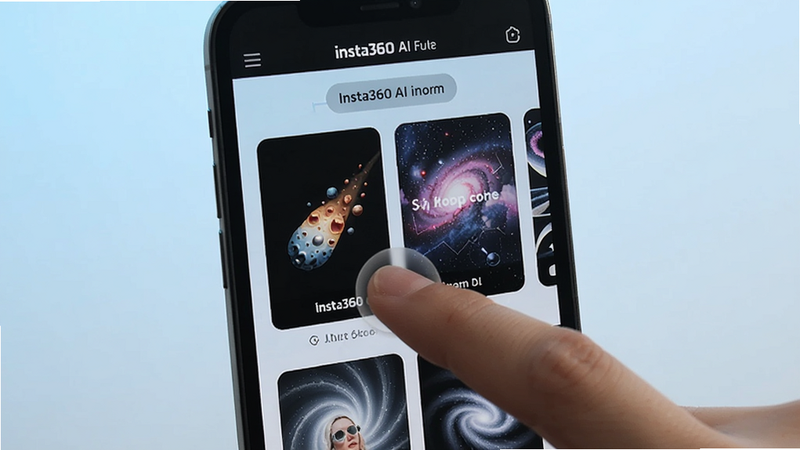 Insta360 AI剪辑模板选择界面，手机屏幕展示多个特效模板缩略图，如小行星、星空穿梭等，背景为淡蓝色渐变，突出模板丰富性和智能化，画面中手指正在点击一个模板，提示词：Insta360 AI模板选择界面。