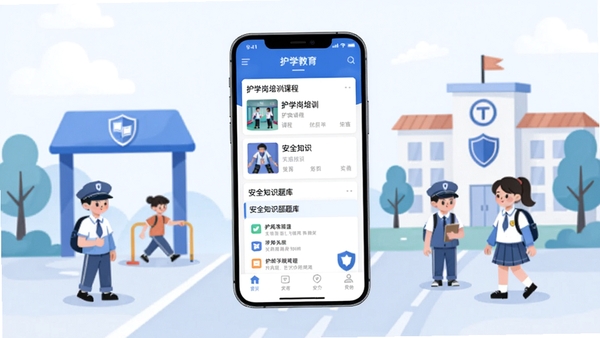 护学教育软件界面预览图，画面中央显示一款名为护学教育的手机应用，主屏幕展示护学岗培训课程列表与安全知识题库，背景为简约的校园安全主题插画，色彩以蓝色和白色为主，整体风格清新专业，适配Boogu模型生成