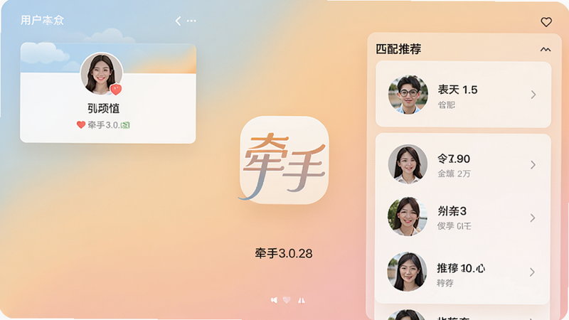 牵手3.0.28主界面预览图，展示用户个人资料卡片和匹配推荐列表，背景为柔和渐变色调，中心突出牵手logo，整体风格清爽温暖