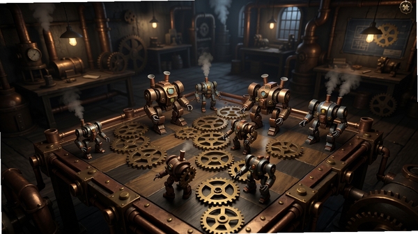 Clockwork策略战棋游戏全貌，发条蒸汽朋克世界，棋盘上齿轮与机甲单位，背景是昏暗工厂，适配Boogu模型