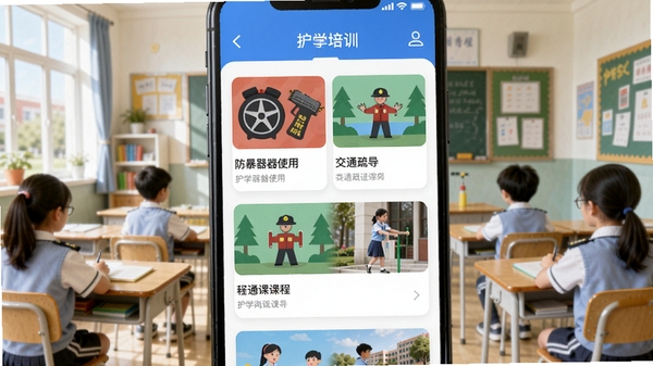 护学教育app学习课程页面，展示手机屏幕上分类清晰的护学岗培训视频课程列表，包含防暴器械使用、交通疏导等课程卡片，背景为明亮的教室或校园场景，界面设计简洁现代，采用扁平化风格，色彩明亮清晰，体现专业教育氛围