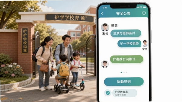 护学教育家校沟通功能界面，展示app内家长与学校老师对话窗口，包含执勤签到按钮与安全公告推送，背景为温馨的校园门口家长护学场景，界面以蓝绿色调为主，配以清晰的图标和按钮，体现便捷的沟通体验