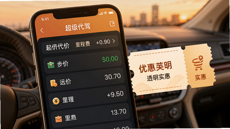 超级代驾价格明细图,手机屏幕上显示预估费用列表,包括起步价和里程费,背景有优惠券弹出,色彩温暖,突出透明和实惠