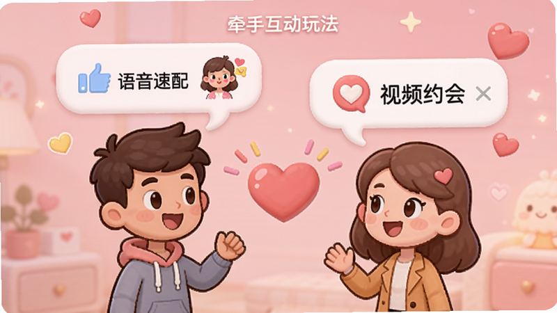 牵手互动玩法界面，展示语音速配和视频约会功能，两个卡通人物对话气泡，背景为温馨粉色，充满恋爱气息