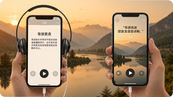 导游带团宝语音讲解播放页面，耳机与手机连接，屏幕显示景点介绍文字，背景为山水风景，色调温暖