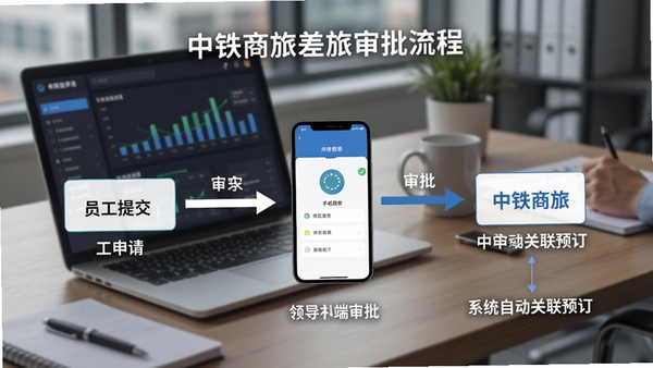 中铁商旅差旅审批流程图，展示员工提交申请、领导手机端审批、系统自动关联预订的完整流程，界面清晰标注每一步操作，背景为办公桌与笔记本电脑
