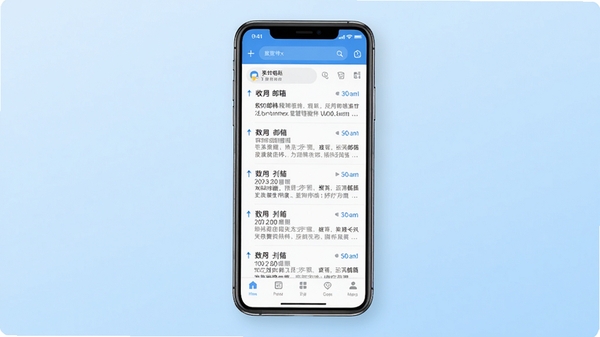 手机邮箱免费管理软件主界面预览图,展示收件箱列表与底部导航栏,背景为浅蓝色渐变,手机屏幕居中,邮件列表清晰可见,整体风格简洁现代,光线柔和