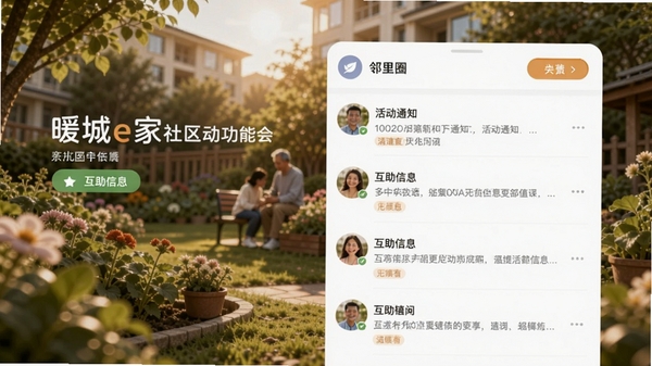 暖城e家社区互动功能页面,展示邻里圈帖子列表,包括活动通知、互助信息,背景为小区花园,柔和光线,体现温馨邻里关系