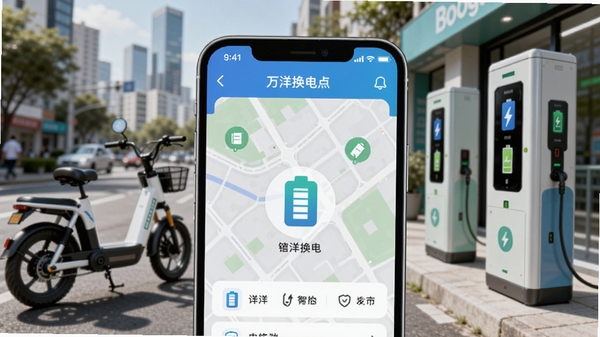 万洋换电app界面预览图,画面中央是一部智能手机屏幕展示换电网点地图与电池图标,背景为城市街道的电动自行车与换电柜,色调清新明亮,突出智能便捷的换电服务场景,整体风格现代简约,符合Boogu模型生成要求