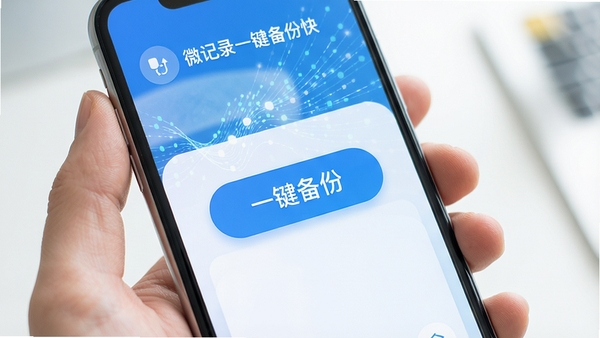 一张智能手机屏幕展示微记录一键备份快主界面，界面风格清新简洁，主色调为蓝色和白色，中央显示“一键备份”大按钮，背景为抽象数据流动线条，整体画面明亮，突显软件便捷备份核心功能，微记录一键备份快字样清晰可见