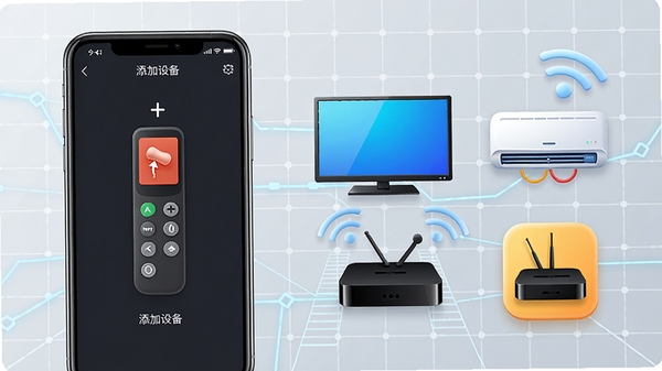 一张功能展示图，画面左侧是手机屏幕显示红外遥控器+的“添加设备”界面，右侧排列着电视、空调、机顶盒等家电图标，背景为浅灰色科技网格，整体风格简洁明快，突出软件的海量设备兼容性，色彩鲜艳，图标立体感强。