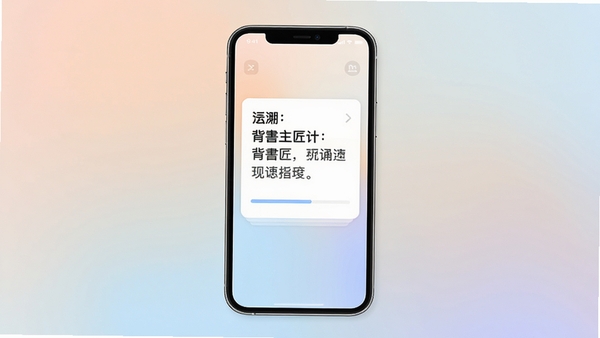 背书匠主界面预览图，画面中央展示手机屏幕中的背诵卡片，卡片上显示清晰的文字内容与进度条，背景为柔和的渐变色，整体风格简约现代，突出软件的学习氛围，画面干净无杂物，适配移动端竖屏展示