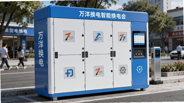 万洋换电智能换电柜外观图，柜体蓝白配色，多格口设计，屏幕显示操作界面，背景为街道场景，突出便捷换电与安全科技感
