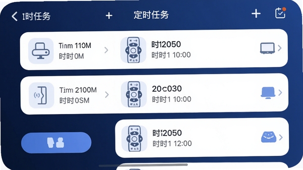 一张应用截图风格的图片，画面显示红外遥控器+的“定时任务”设置界面，背景是深蓝色渐变，列表中有多个定时任务卡片，每个卡片显示设备图标和定时时间，界面简洁清爽，按钮圆润，整体风格现代，符合移动端应用设计。