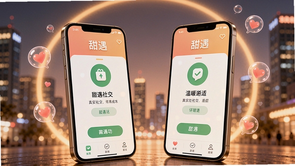 甜遇社交APP主视觉图，画面中央是两部手机屏幕相对，屏幕中显示甜遇的匹配成功界面，周围有柔和的光晕和爱心气泡，背景是模糊的现代城市夜景，整体色调温暖明亮，体现真实社交与温暖邂逅的氛围。