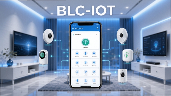 BLC-IOT软件主界面预览图，画面中央展示智能手机连接多个智能设备的控制面板，背景为现代简约的智能家居场景，色调以蓝白为主，科技感十足，清晰显示BLC-IOT字样