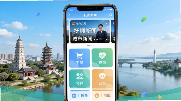 抚顺发布app预览图,画面中央展示手机界面,上方为城市新闻轮播图,下方为功能模块网格,背景是抚顺地标建筑与浑河风光,整体风格现代清新,色彩明亮,突出政务服务的权威与亲和力