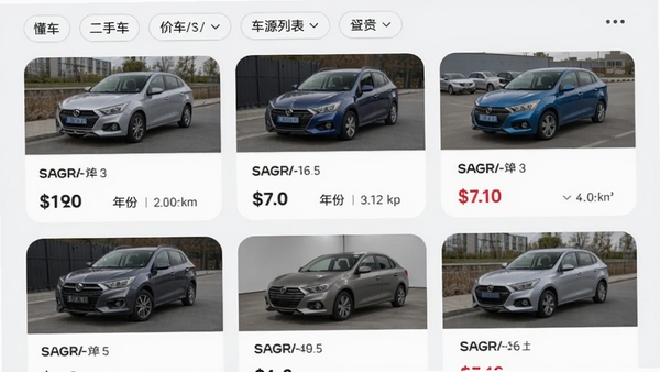 懂车二手车报价车源列表页面,展示多辆不同品牌二手车的卡片信息,包含缩略图、价格、年份和里程数,界面采用瀑布流布局,背景为浅色,卡片圆角设计,有筛选标签栏,整体风格清爽,符合移动端交互