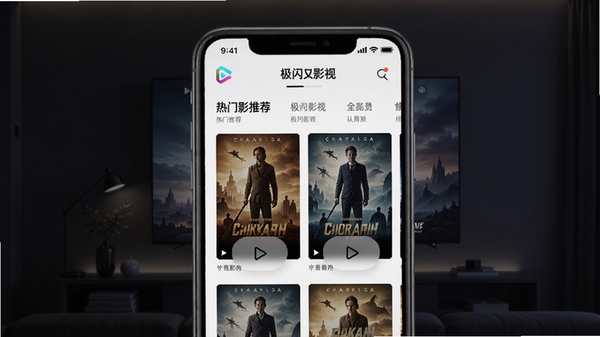 极闪影视主界面预览图，展示热门影视推荐列表与分类导航，背景为深色渐变的客厅电视墙，画面中央为手机屏幕特写，屏幕内显示极闪影视APP界面，包含电影海报缩略图与播放按钮，整体风格现代简洁，光线柔和，突出APP的清晰画质与丰富内容