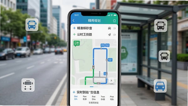 精准秒查公交路线软件界面预览图，手机屏幕显示公交路线规划与实时到站信息，背景为模糊的城市街道与公交站台，整体色调清新明亮，突出软件的实用与便捷，画面主体是手机界面特写，周围有简约的交通图标点缀
