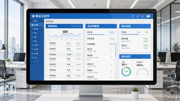 蜂采云软件主界面预览图，展示采购项目列表、供应商管理、招标进度等核心功能模块，界面风格简洁商务，以蓝白为主色调，背景为现代化办公室场景，整体画面清晰明亮，突出软件的专业性与高效性