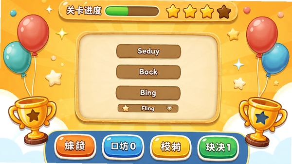 超会记单词闯关游戏界面示意图,画面中央是单词拼写选择题,底部有四个选项按钮,顶部显示关卡进度和星星评分,背景为暖黄色卡通风格,点缀气球和奖杯元素,整体活泼有趣