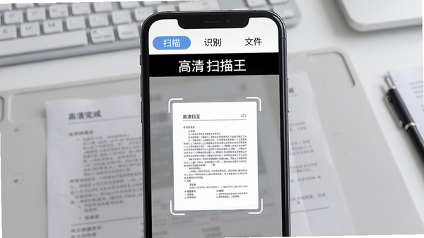 高清扫描王主界面预览图，一款现代风格的手机扫描应用，屏幕中央显示扫描完成的文档缩略图，背景为浅灰色工作台，顶部有“扫描”、“识别”、“文件”三个功能标签，整体界面简洁明亮，突出软件名称“高清扫描王”字样，适配竖屏手机展示