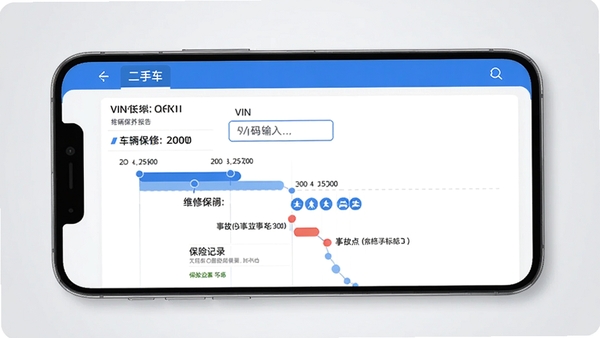 懂车二手车报价车辆历史报告界面,屏幕内显示VIN码输入框和一份完整报告,包含维修保养时间轴、事故标记点和保险记录,背景为浅灰色渐变,手机UI设计,界面简洁专业,数据图表清晰,蓝色强调色
