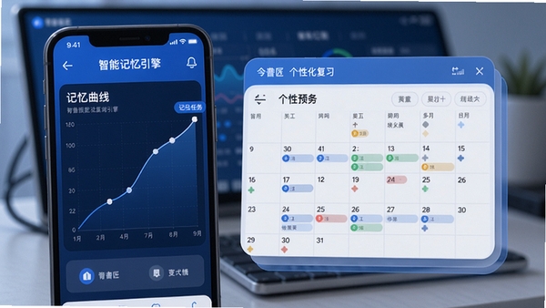 背书匠智能记忆引擎功能预览图,画面展示手机应用内的记忆曲线图表和个性化复习日历界面,日历上有不同颜色的标记点代表复习任务,背景虚化处理,突出数据可视化与智能规划的核心特点,整体色调以蓝色和白色为主,体现科技感与专业性