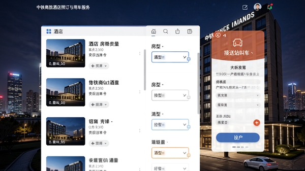 中铁商旅酒店预订与用车服务界面，展示酒店列表、房型选择、接送站叫车入口，背景为城市夜景与商务酒店外观，界面风格清爽