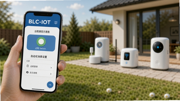 BLC-IOT远程操控示意图，手机界面显示远程控制开关按钮和自动化场景设置选项，背景为户外场景，用户手持手机，远处是智能家居设备，强调随时随地远程管理的便捷性
