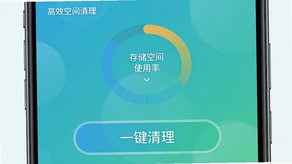 一张智能手机屏幕截图，屏幕中显示高效空间清理的主界面，上方显示存储空间使用率环形图，中间有“一键清理”大按钮，背景为清新的蓝绿色渐变，界面简洁现代，突出高效空间清理的品牌名称，画面清晰，适合软件下载站展示