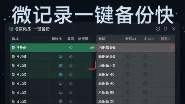 微记录一键备份快在增量备份界面显示数据对比列表，新旧记录分别用绿色和灰色高亮，背景为数据表格样式，风格科技感，突出差异对比功能，微记录一键备份快字样清晰