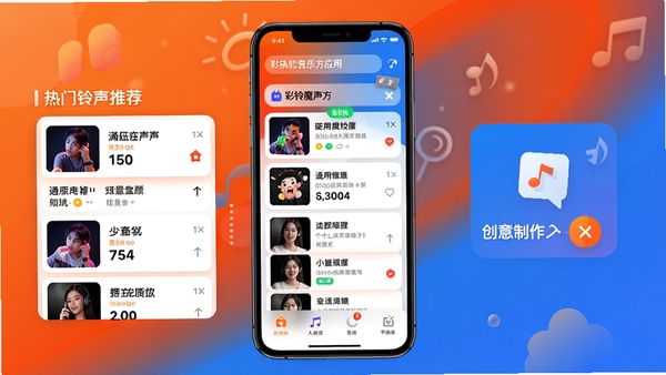 彩铃魔方应用主界面预览图,展示热门铃声推荐列表与创意制作入口,画面中心为手机屏幕模型,背景采用活力橙蓝渐变色调,整体风格时尚活泼,突出个性化音乐创作氛围