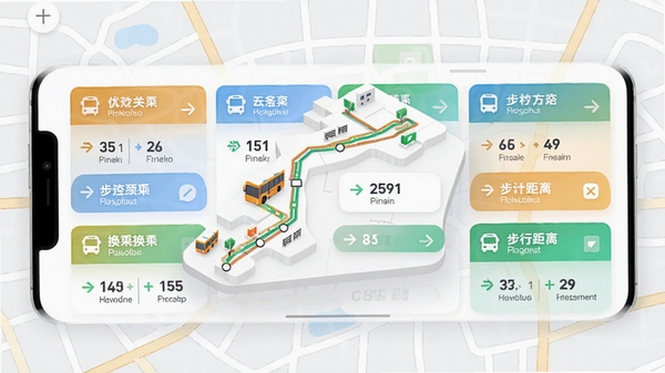 精准秒查公交路线软件的路线规划功能展示，屏幕上显示多条公交线路对比卡片，包含时间、步行距离和换乘信息，背景是简洁的地图网格，色彩明快，突出高效规划的核心特点，画面中心是线路对比的3D效果图