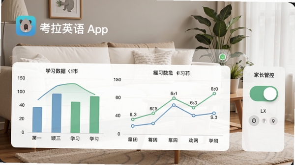 考拉英语App的学习报告页面，以柱状图和折线图展示学习数据，旁边有家长管控开关，背景是温馨的家庭客厅，有沙发和绿植，画面简洁专业