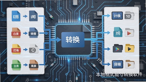 本地离线万能格式转换软件功能展示图,画面中央为文件格式转换流程图,左侧图标代表不同文件类型,右侧为转换后的目标格式图标,背景为科技感电路板纹理,蓝色与灰色色调,软件名称以水印形式置于右下角,整体风格专业且富有科技感