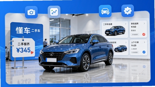 懂车二手车报价软件主界面预览图,展示一辆二手车在展厅中央,背景有价格标签和车辆信息卡片,整体风格现代简洁,蓝色调为主,应用图标悬浮在屏幕上方,突出二手车估价与查询功能,画面清晰,商业摄影风格